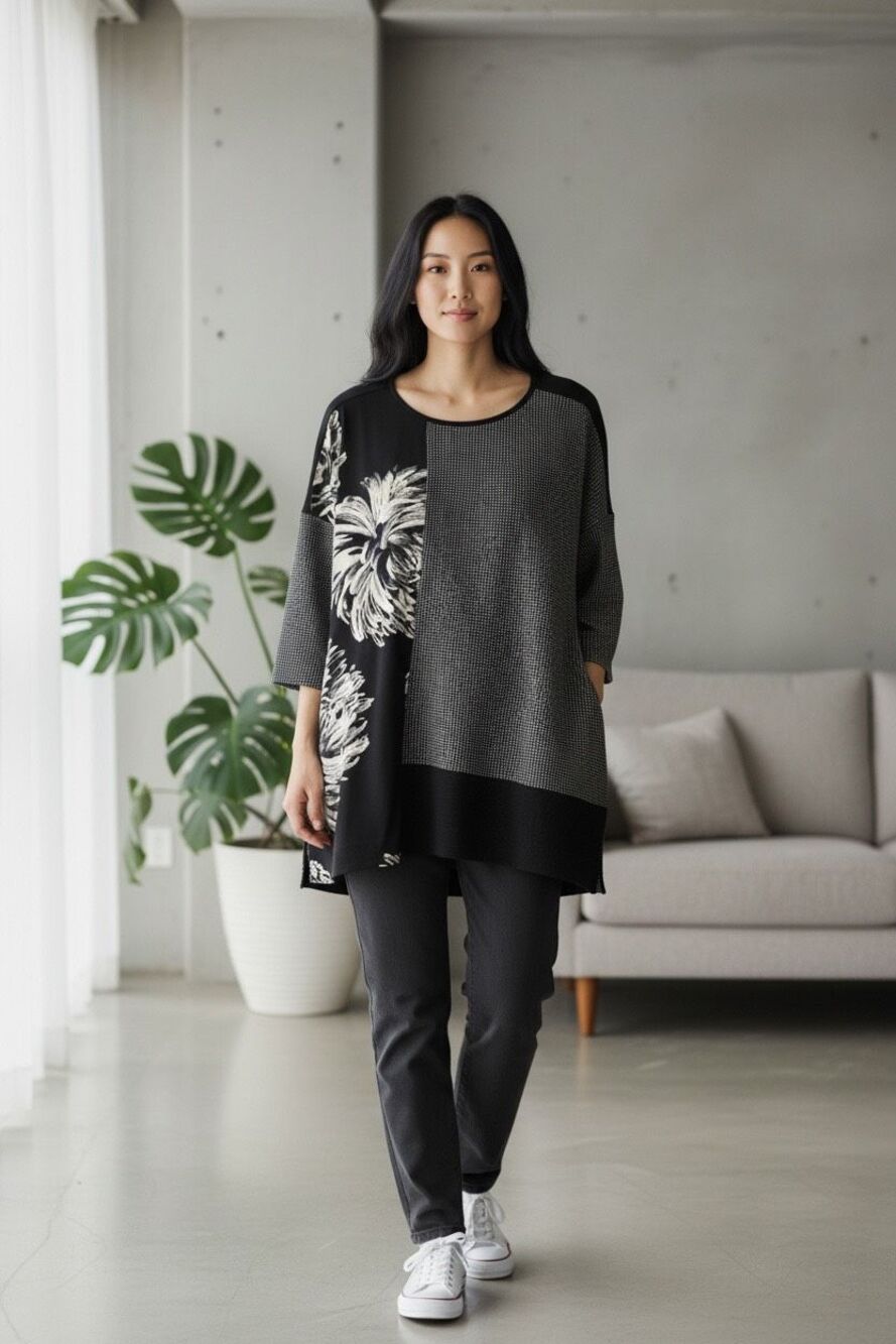 ✨Alembika Dahlia Floral Black White Art to Wear Lagenlook Mixed Media Sz S Top✨